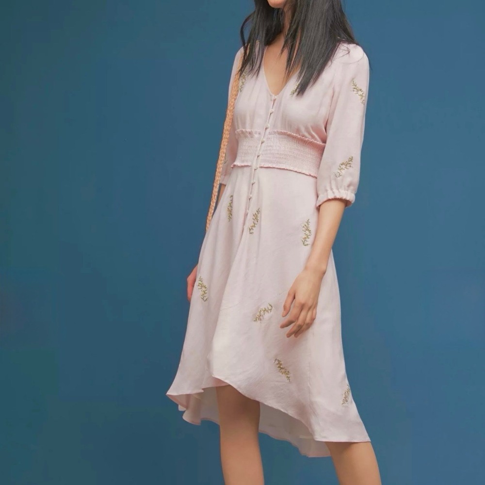 Flowers by Zoe Pale Pink High-Low V-Neck Dress with Gold Embroidery